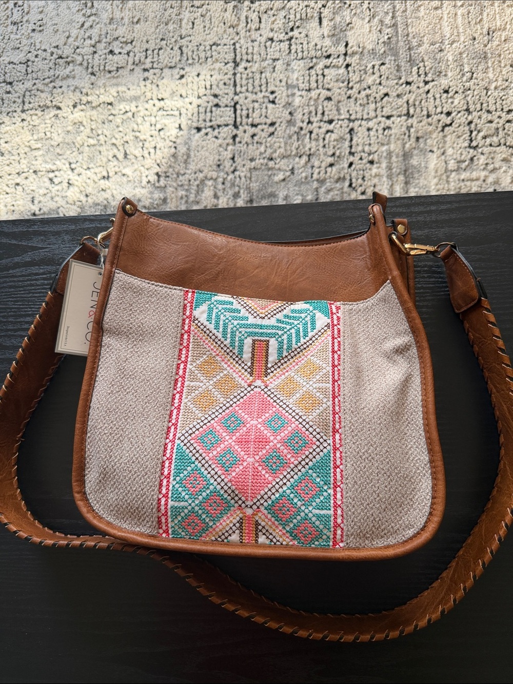 Embroidered Canvas Crossbody Bag in Tan Brown with Pink & Teal Accents